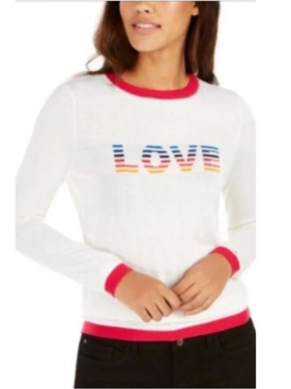 Tommy Hilfiger Rainbow LOVE Crewneck Sweater White Long Sleeve Knit Medium - Picture 3 of 12